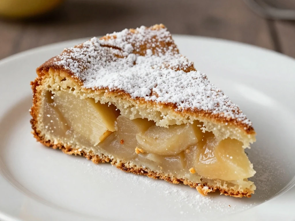Slice of French apple cake dusted with confectioners’ sugar