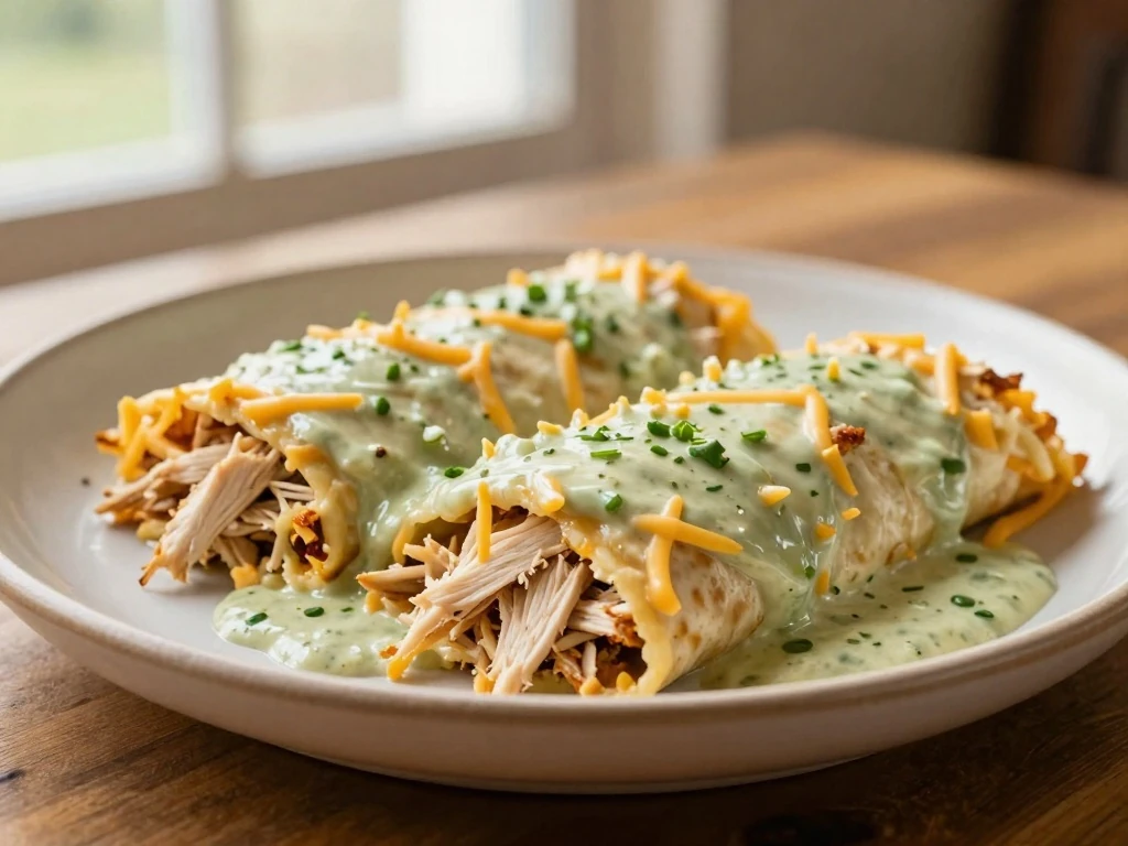 A serving of creamy Ruth's chicken enchiladas with melted Cheddar and green chile sauce