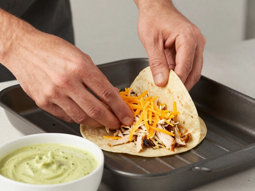 Filling softened corn tortillas with chicken and cheese for enchiladas