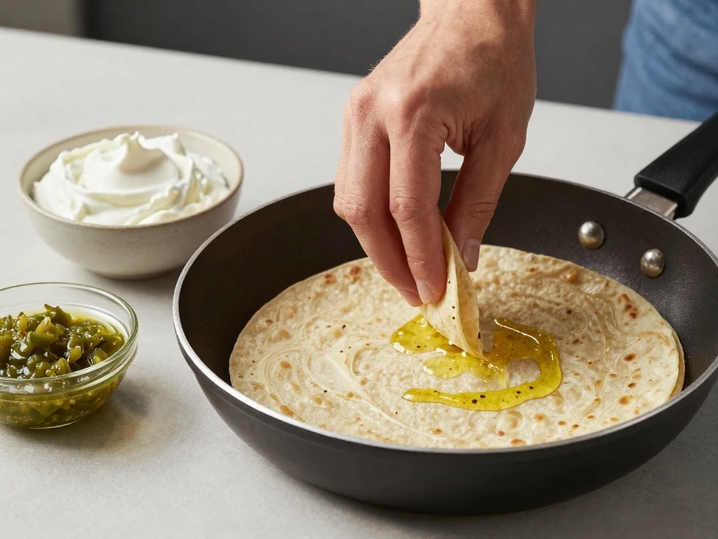 Softening corn tortillas in oil before rolling enchiladas