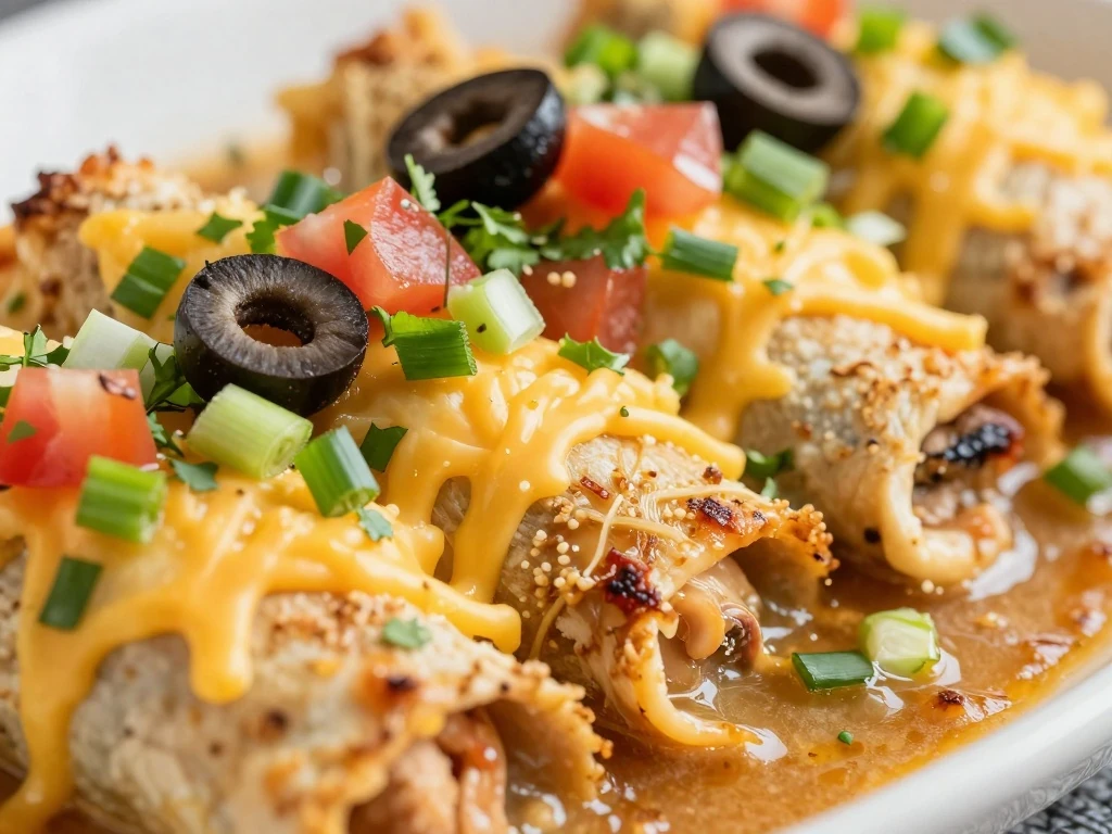 Chicken enchiladas garnished with green onions, tomatoes, cilantro, and olives
