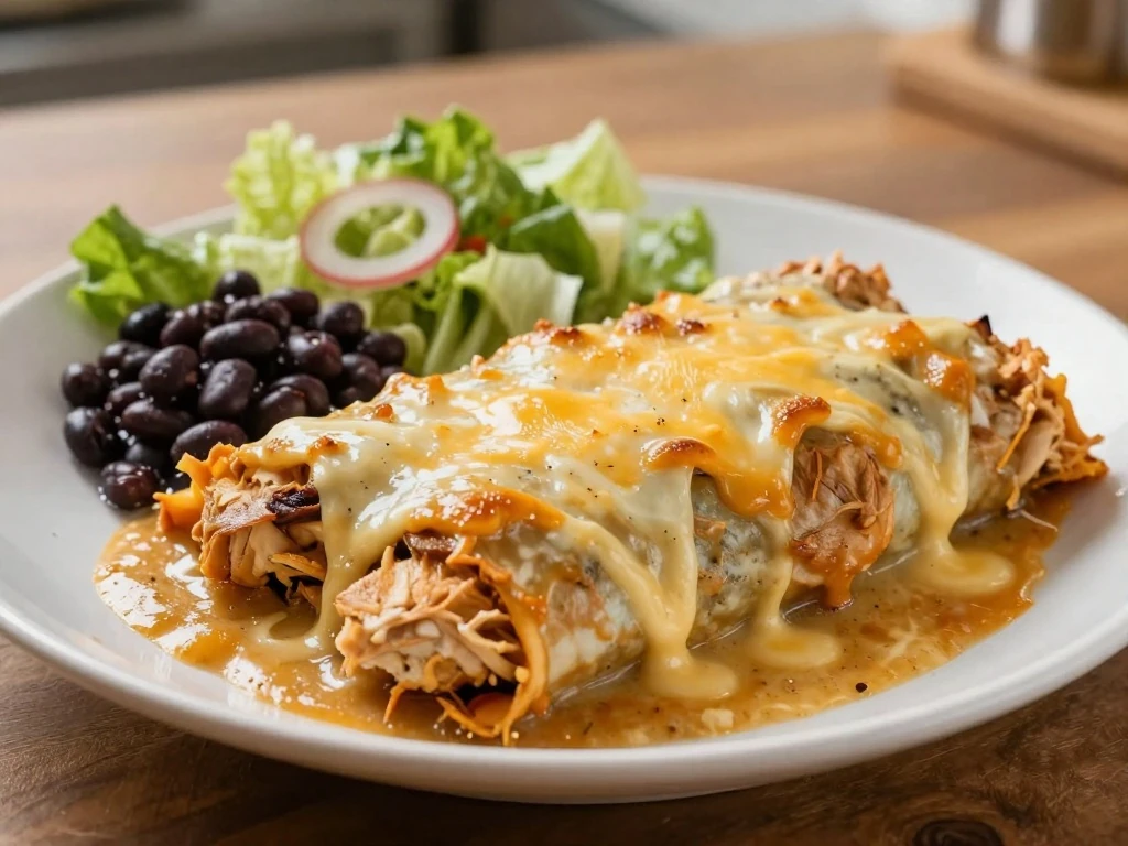 Reheated Ruth's chicken enchiladas served with simple side dishes