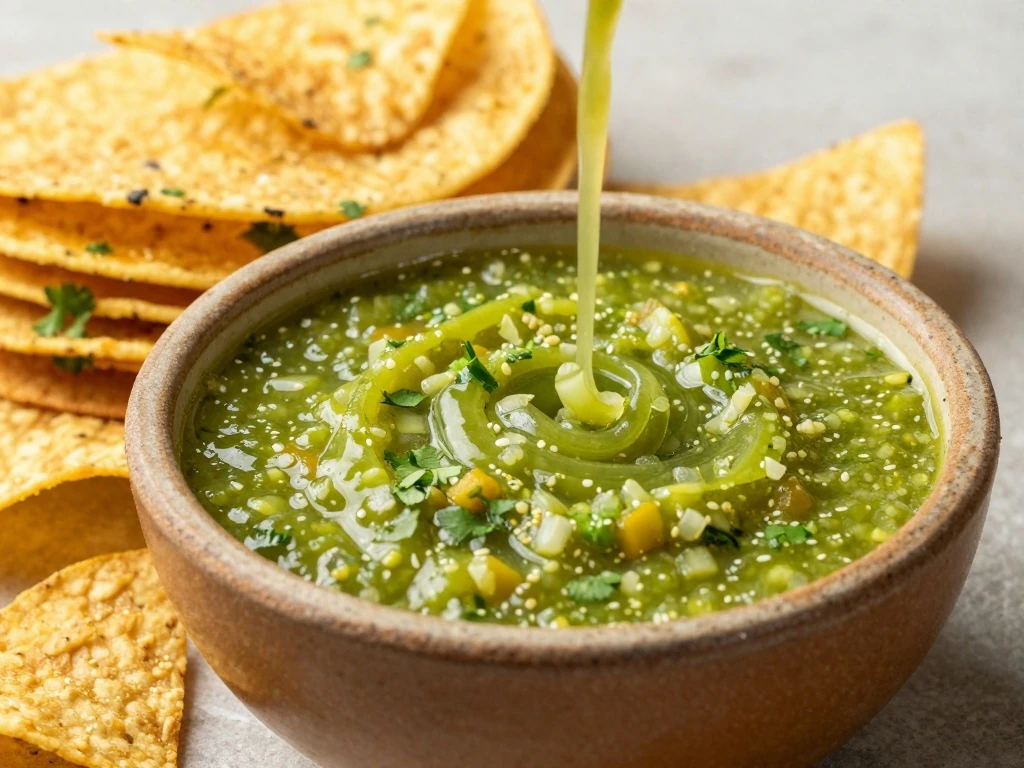 Authentic Mexican salsa verde served with tortilla chips and corn tortillas