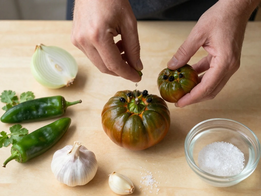 Tomatillos, serrano chiles, cilantro, onion, garlic, and salt for salsa verde
