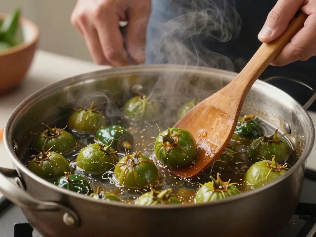 Tomatillos and serrano chiles simmering for homemade salsa verde