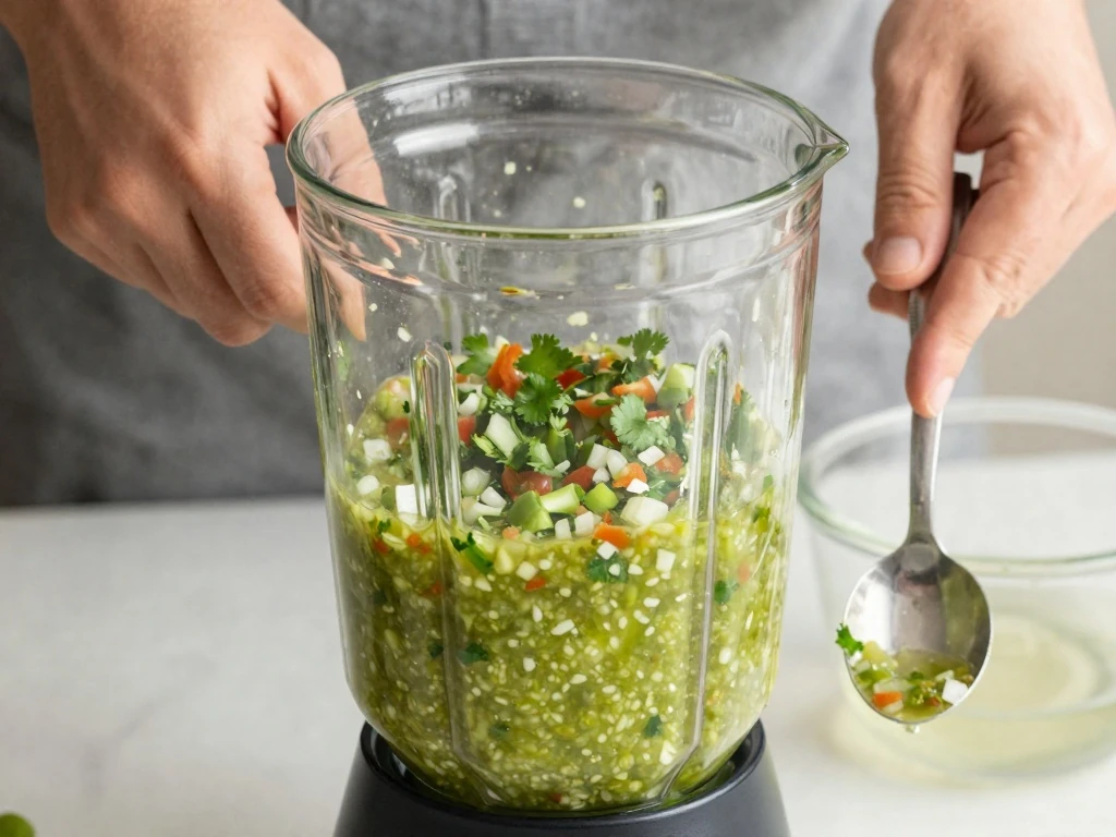 Slightly textured salsa verde being blended with reserved cooking water
