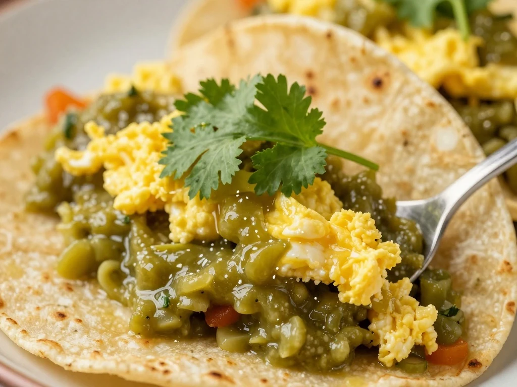 Salsa verde spooned over tacos and eggs with fresh cilantro garnish