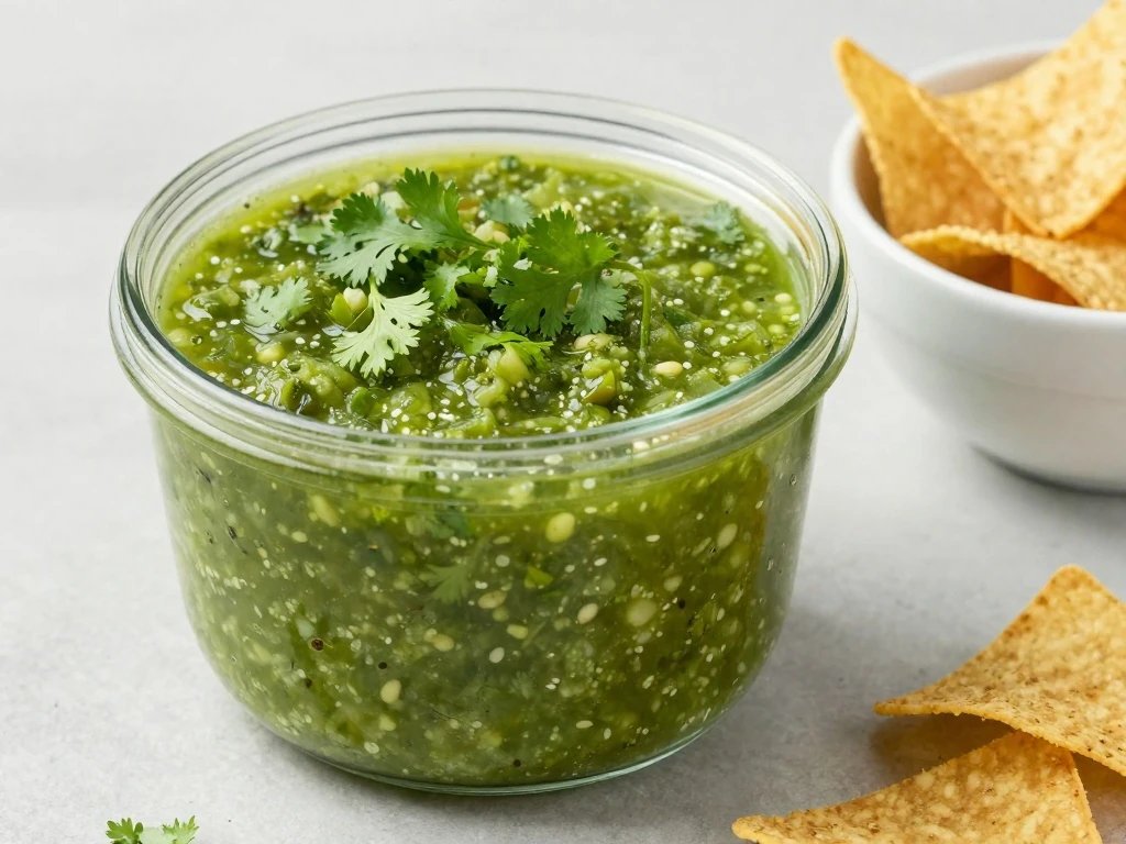 Homemade salsa verde stored in a covered container for later serving
