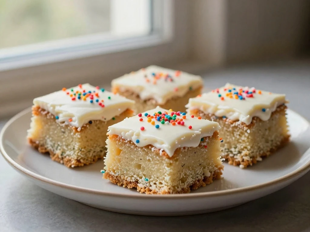 Classic British school cake squares with white icing and colorful sprinkles