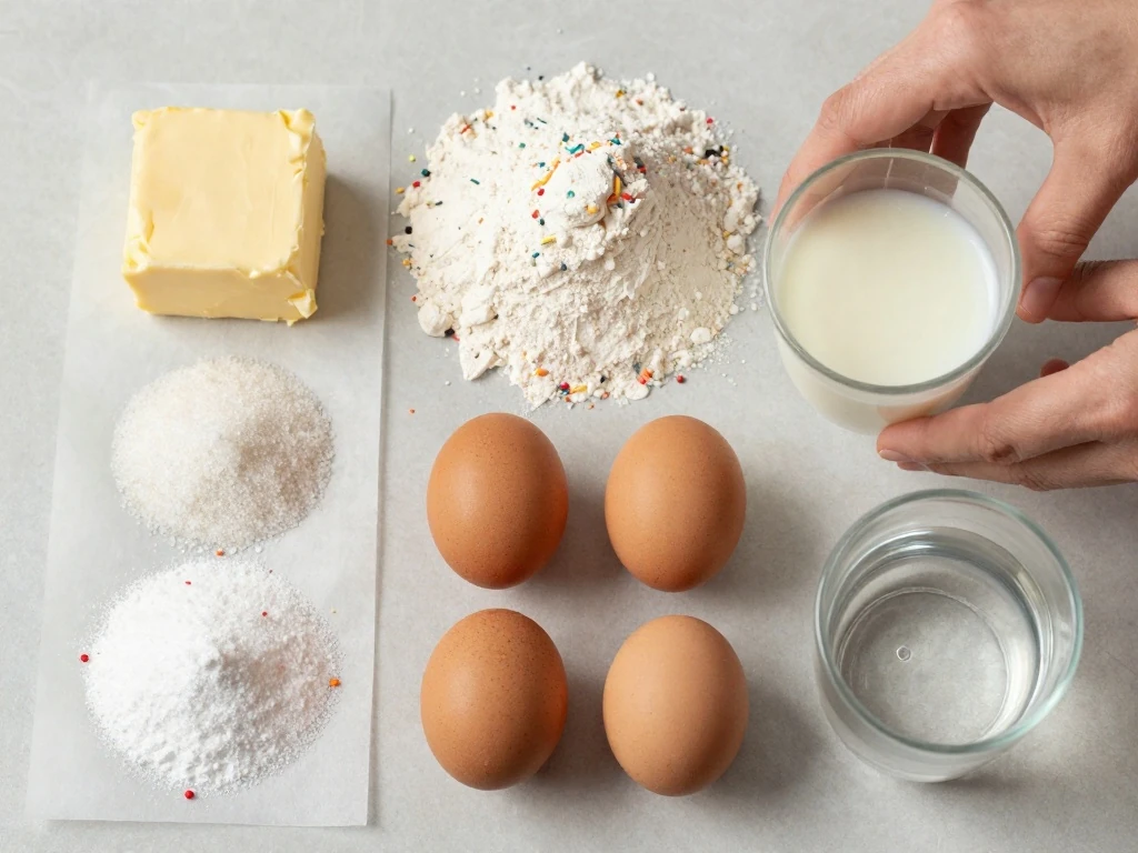 Ingredients for a classic school cake recipe arranged on a kitchen counter