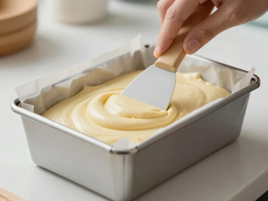 Cake batter being spread into a lined square baking tin