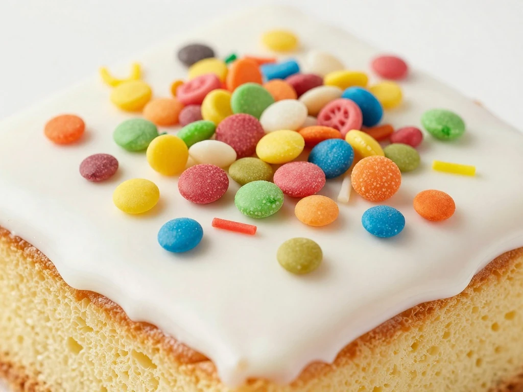 Colorful sprinkles on the wet icing of a school cake
