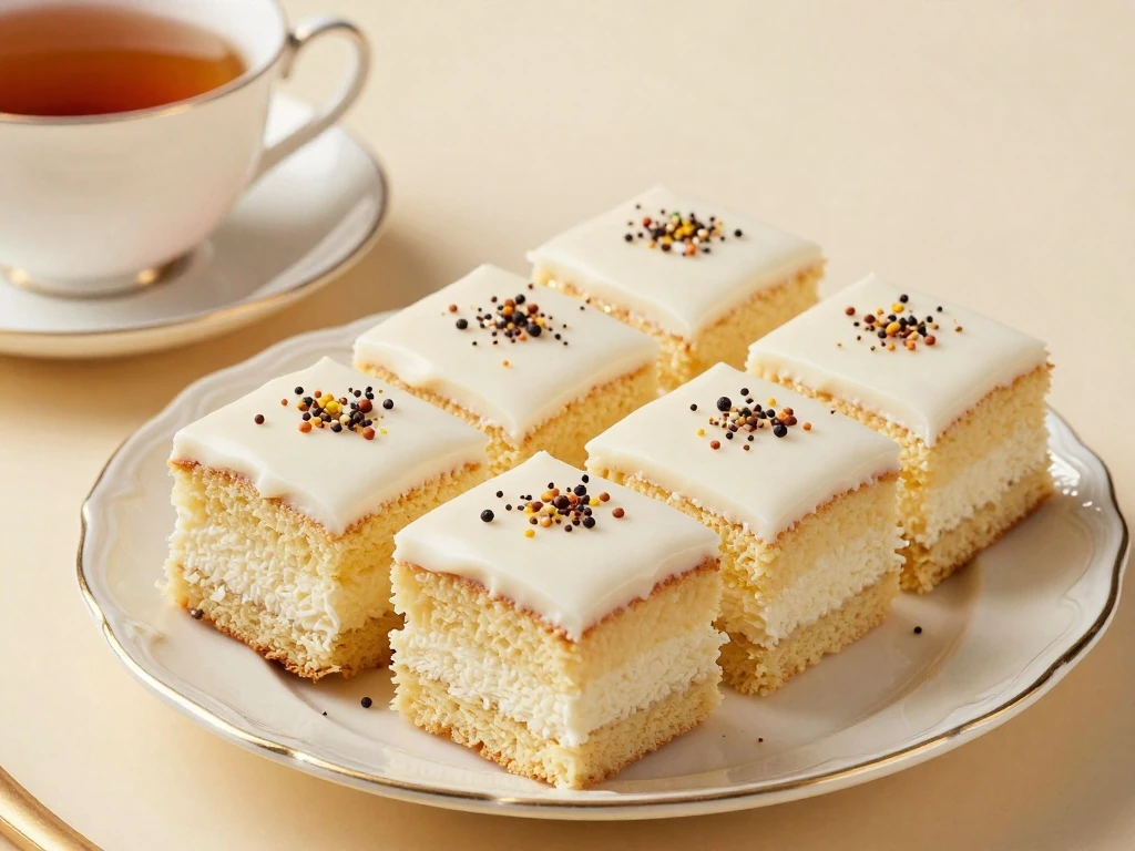 Iced school cake squares served with tea