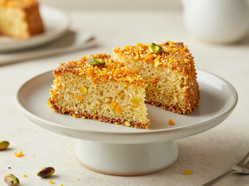 Sliced orange semolina cake with pistachios and citrus zest