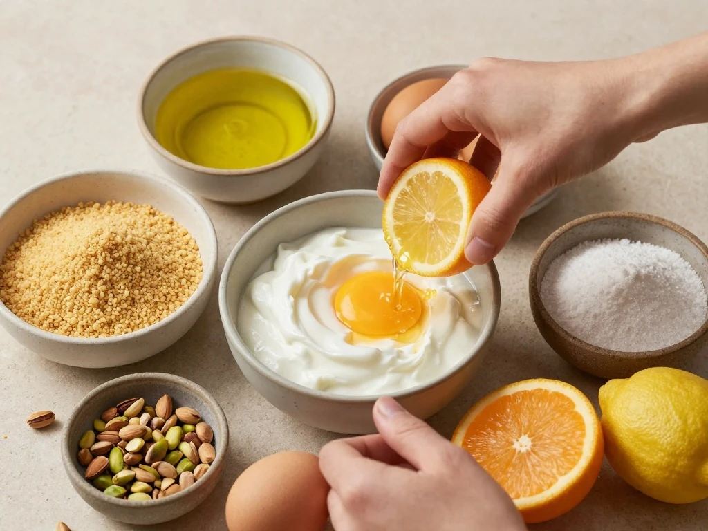 Ingredients for homemade semolina cake with orange syrup