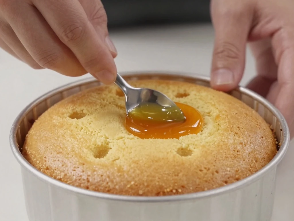 Orange syrup being poured over warm semolina cake
