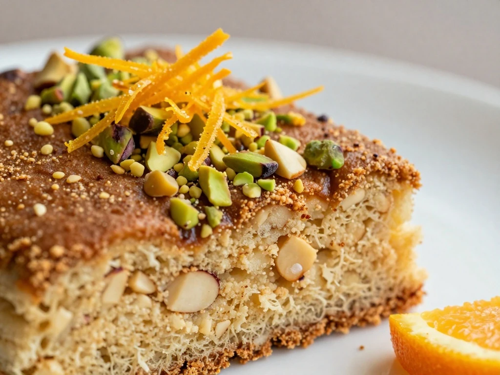 Close-up slice of orange semolina cake with pistachio garnish