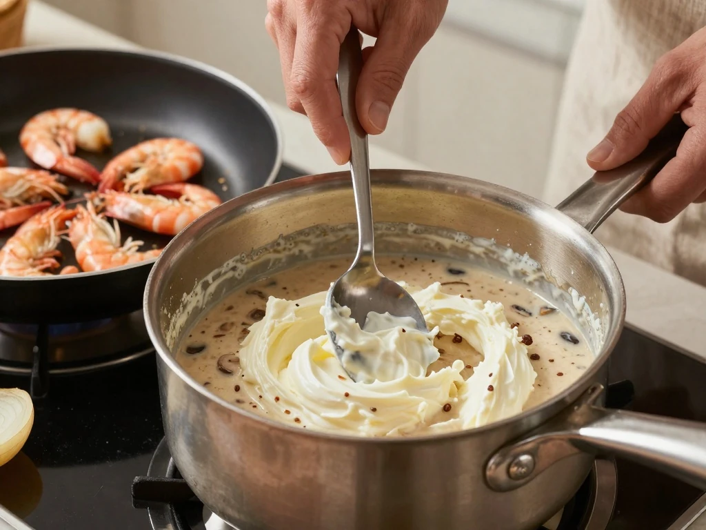 Preparing the creamy sauce for Shrimp Christina