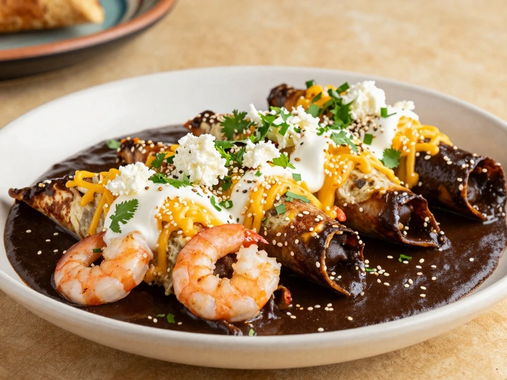 Shrimp enchiladas covered in mole sauce with cheese, sesame seeds, cilantro, and crema