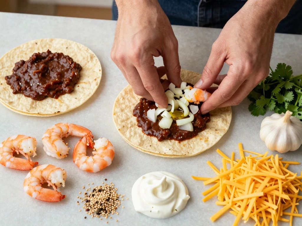 Ingredients for shrimp enchiladas with mole arranged for cooking