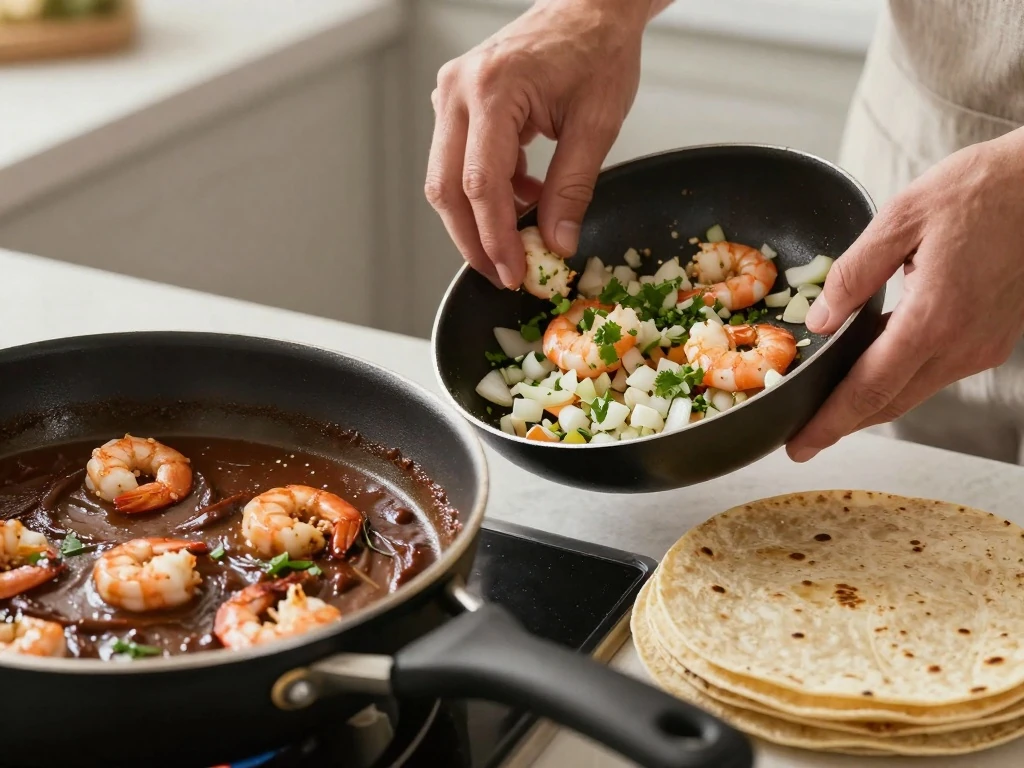 Shrimp filling and warm mole being prepared for enchiladas