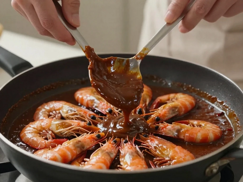 Mole sauce warming gently beside tender partially cooked shrimp