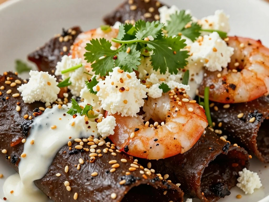Close-up of sesame seeds, queso fresco, cilantro, and crema on mole shrimp enchiladas