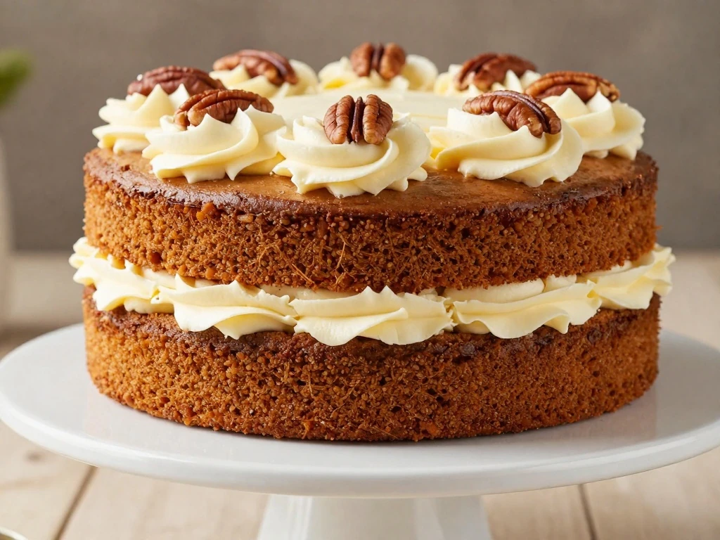 Two-layer carrot cake covered with silky cream cheese frosting and toasted pecans