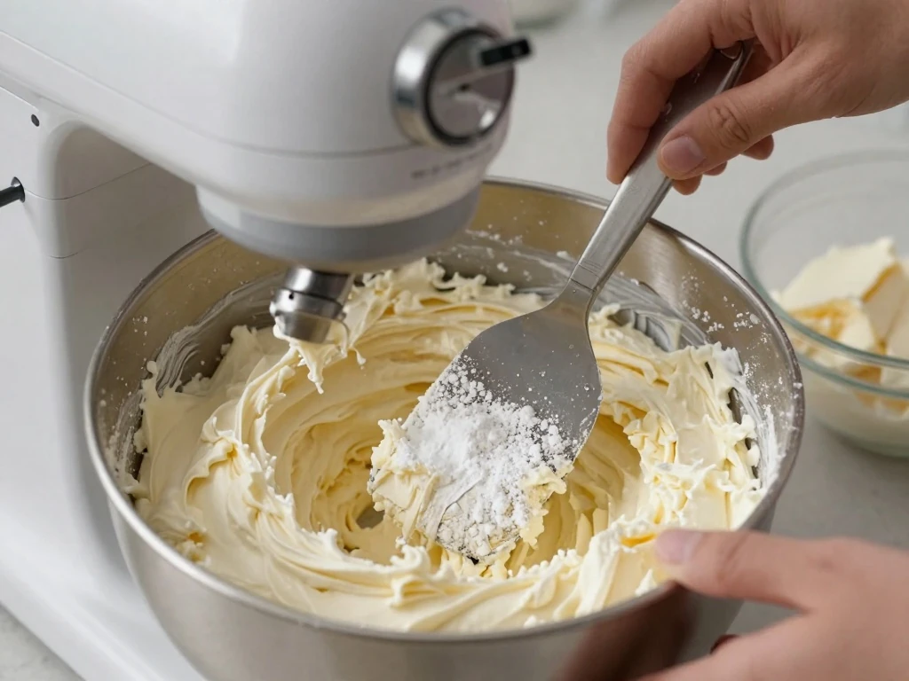 Cream cheese frosting being mixed until smooth and silky