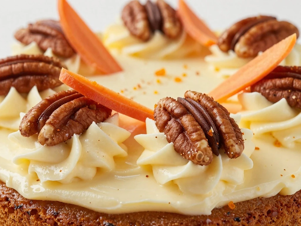 Carrot cake frosting decorated with pecans, carrot ribbons, cinnamon, and orange zest