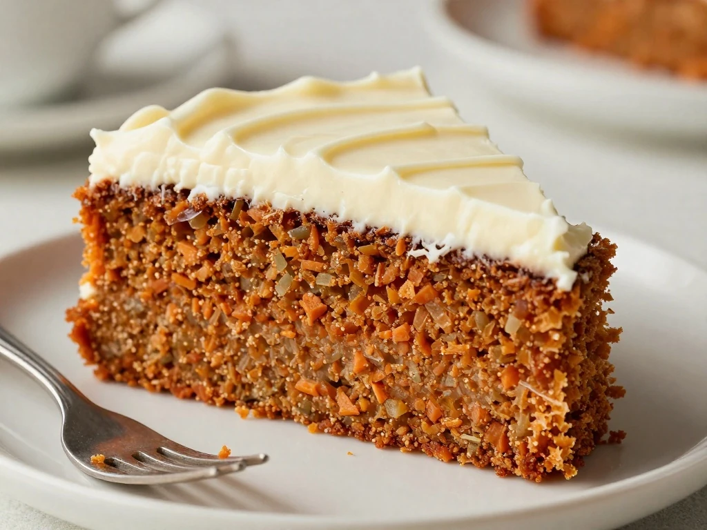 Slice of chilled carrot cake with creamy cream cheese frosting ready to serve