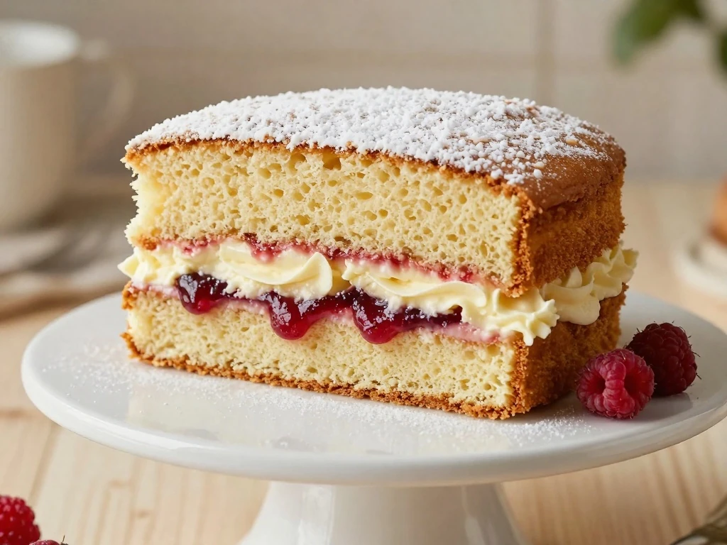 Classic two-layer Victoria sponge cake with buttercream, jam, and berries