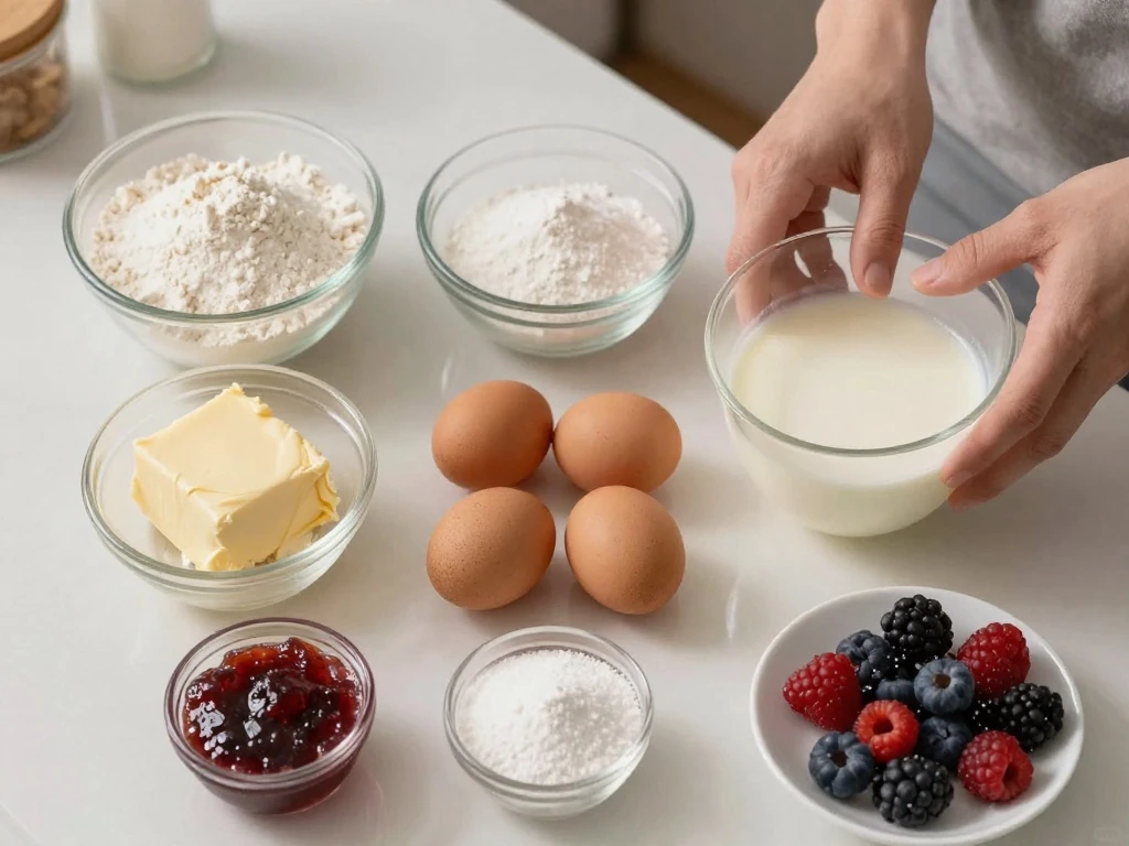 Ingredients for a simple Victoria sponge cake and vanilla buttercream