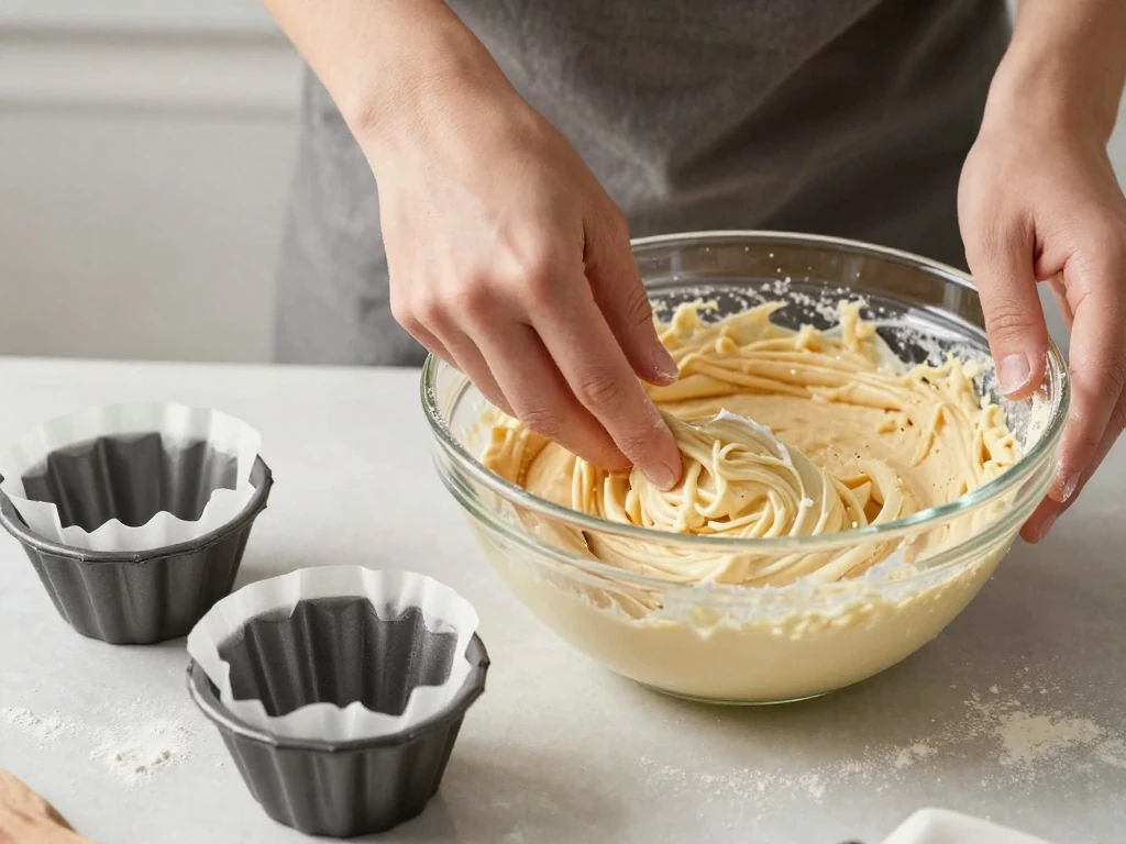 Cake batter being folded before dividing into prepared cake tins