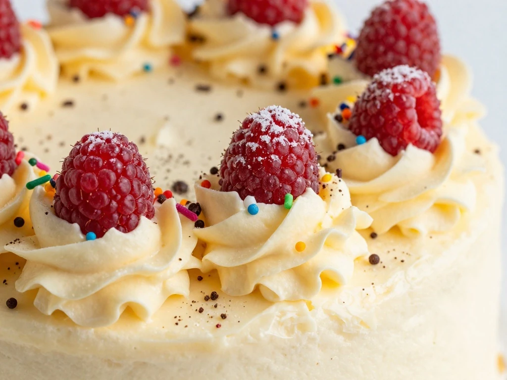 Simple cake decoration with buttercream swirls, berries, sprinkles, and chocolate