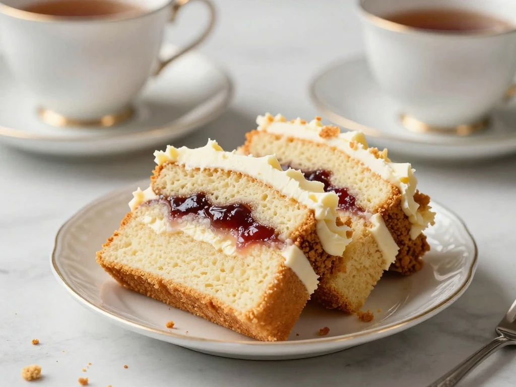 Slice of Victoria sponge cake served with tea