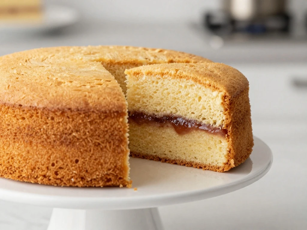 Two-layer simple four-ingredient Victoria sponge cake with jam and cream