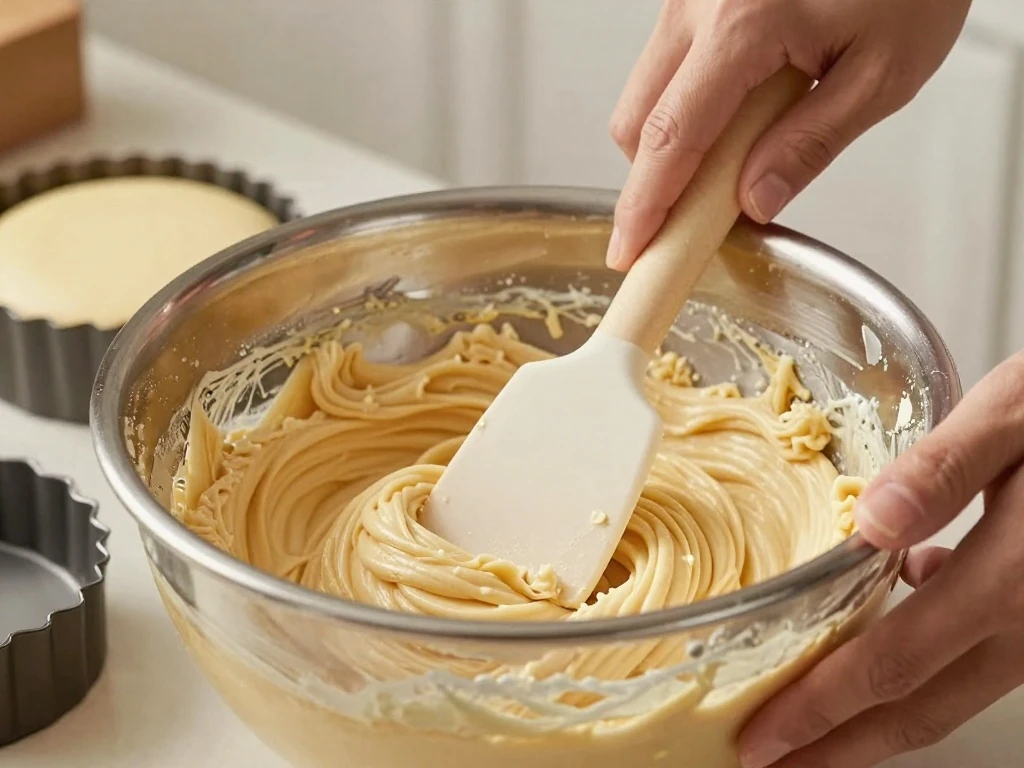 Gently folding self-raising flour into sponge cake batter