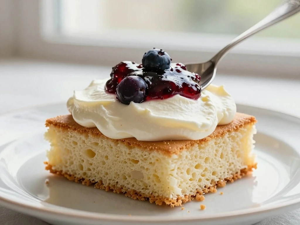 Slice of sponge cake served with whipped cream, jam, and berries