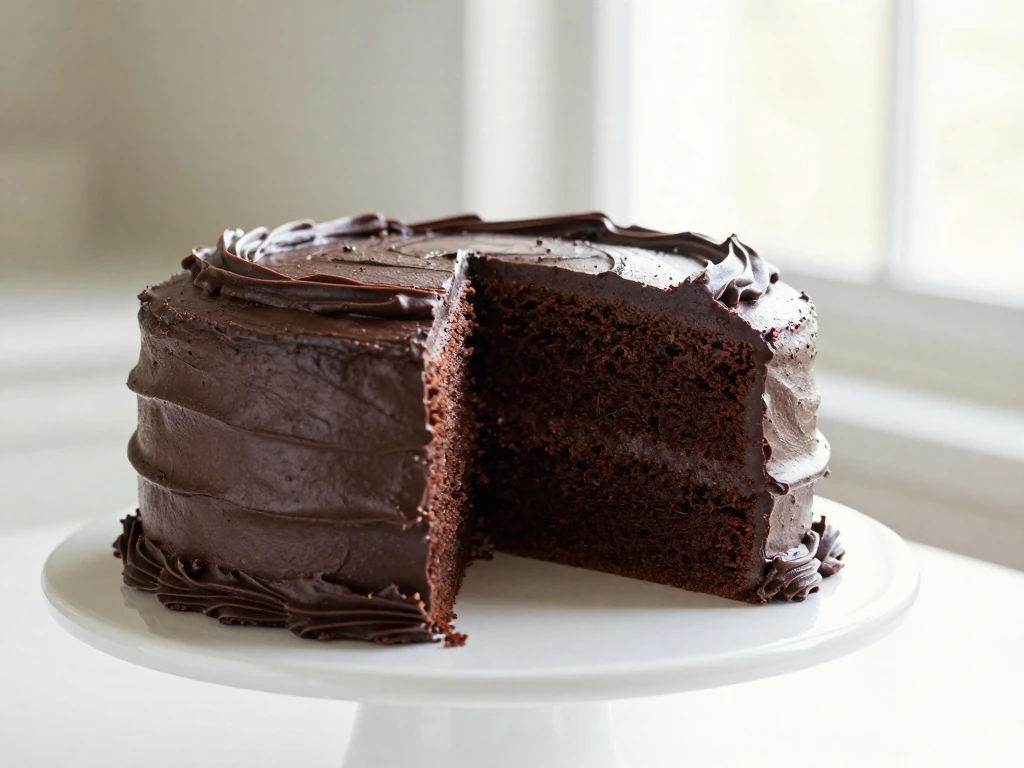 Moist two-layer simple chocolate cake with a slice showing the tender crumb