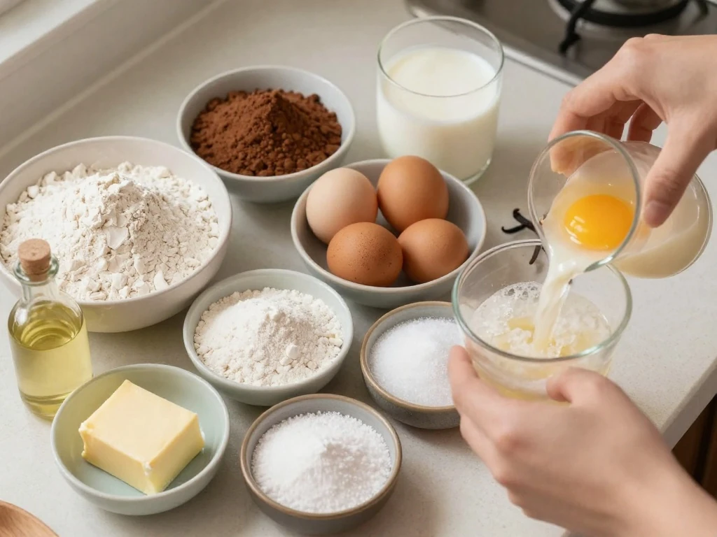 Ingredients for a simple homemade chocolate cake and chocolate buttercream