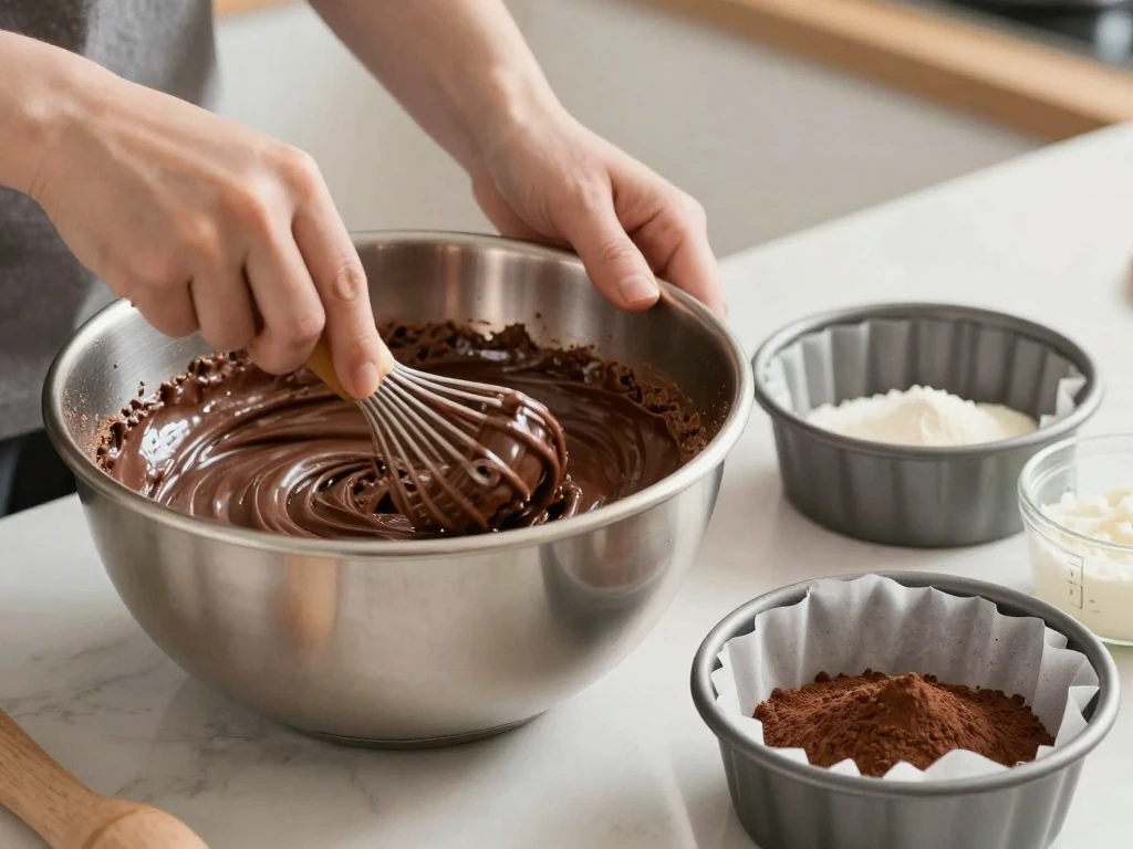 Whisking chocolate cake batter before pouring it into prepared pans