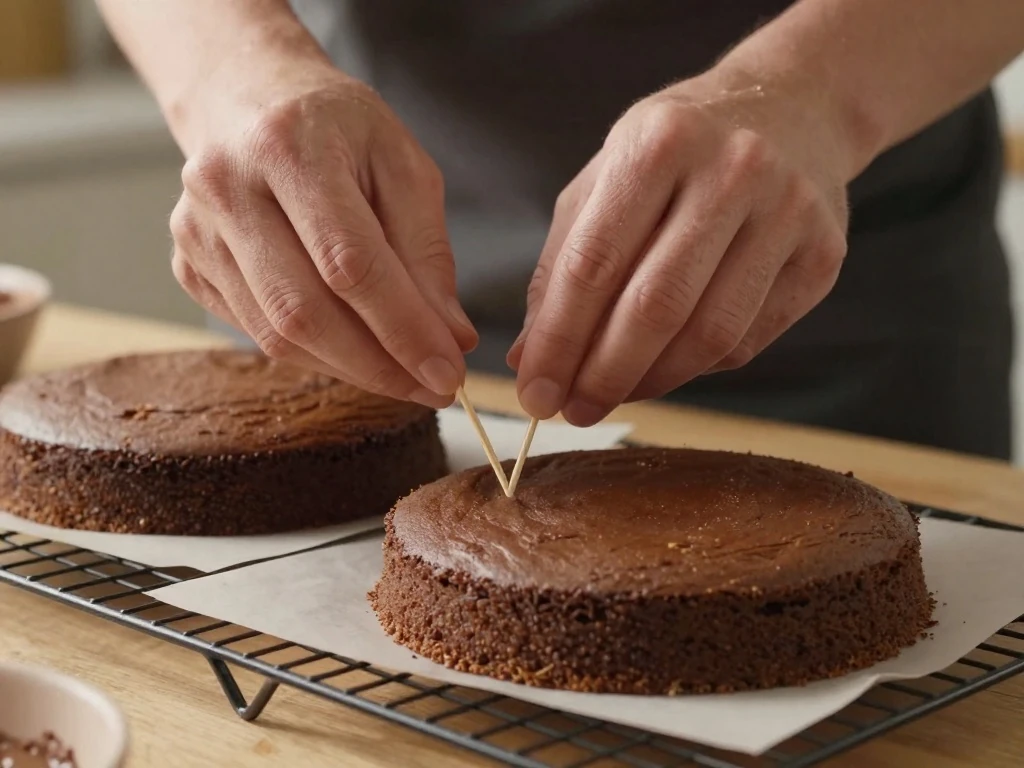 Testing a chocolate cake layer for doneness with a toothpick