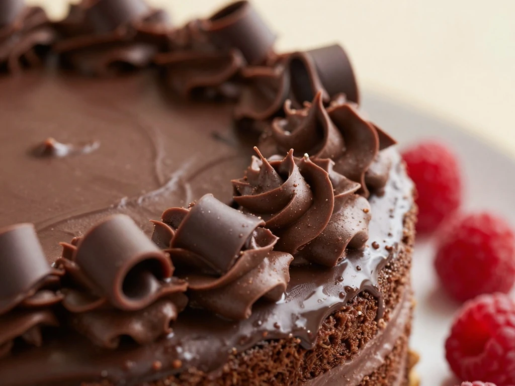 Chocolate buttercream swirls with chocolate curls on a layer cake
