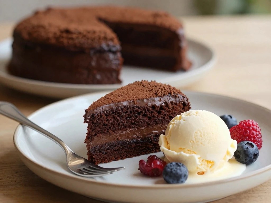 A served slice of chocolate cake with vanilla ice cream and berries