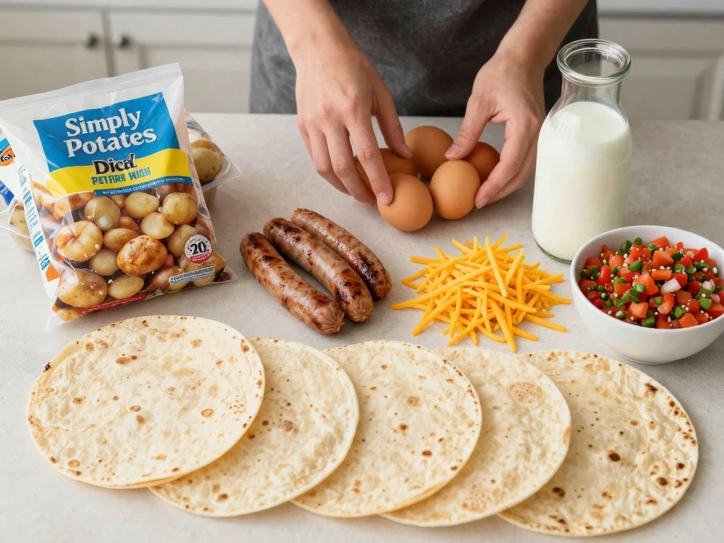 Ingredients for Simply Potatoes Breakfast Burritos arranged on a counter