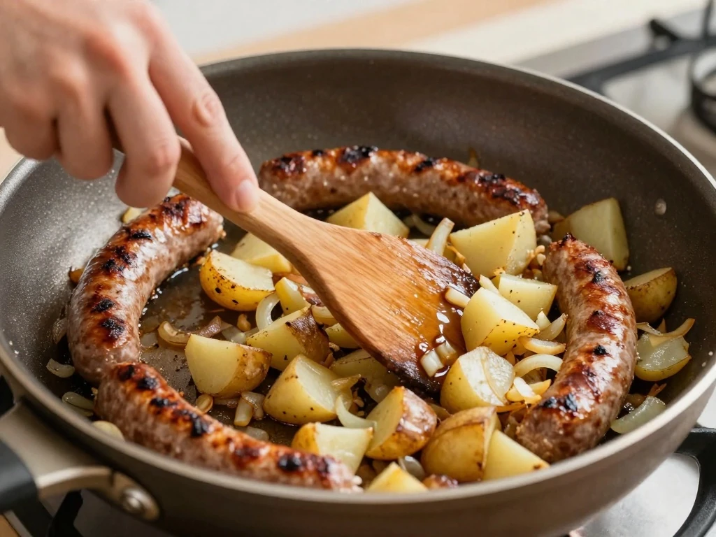 Breakfast sausage and diced potatoes cooking in a skillet