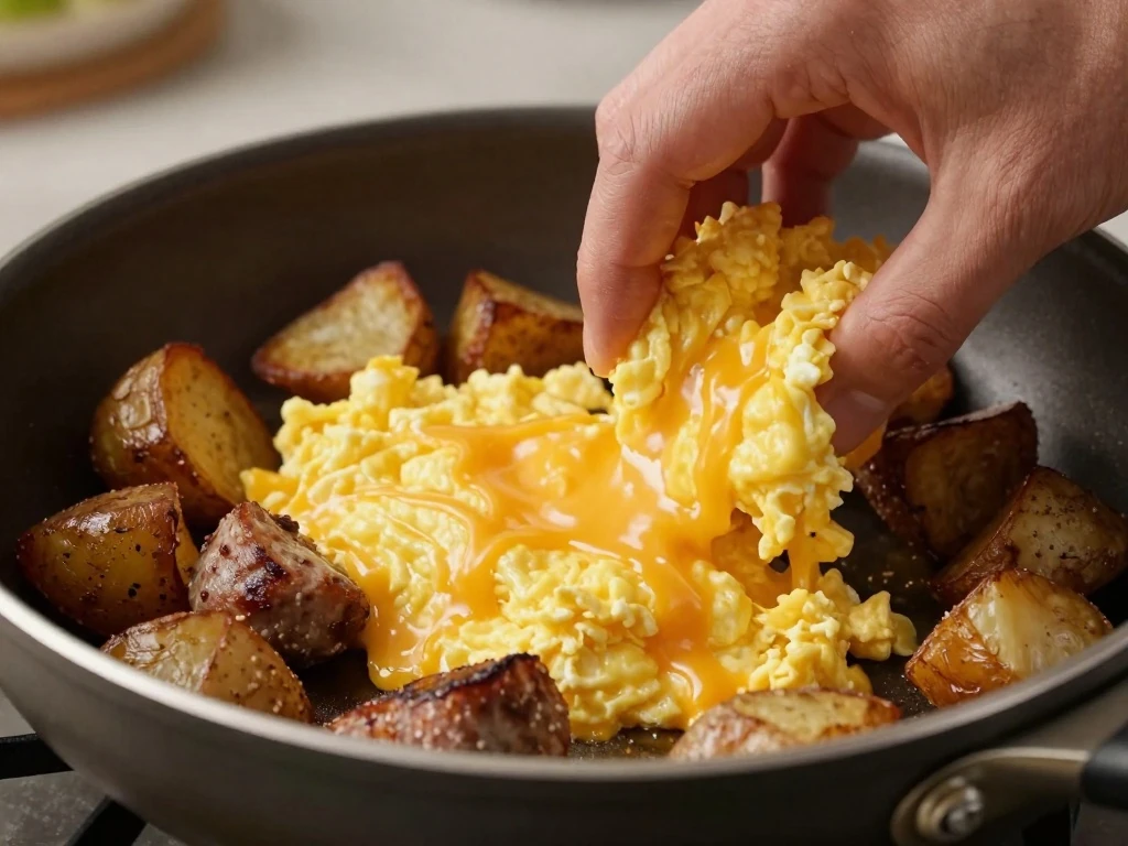 Tender eggs being folded into potato and sausage burrito filling