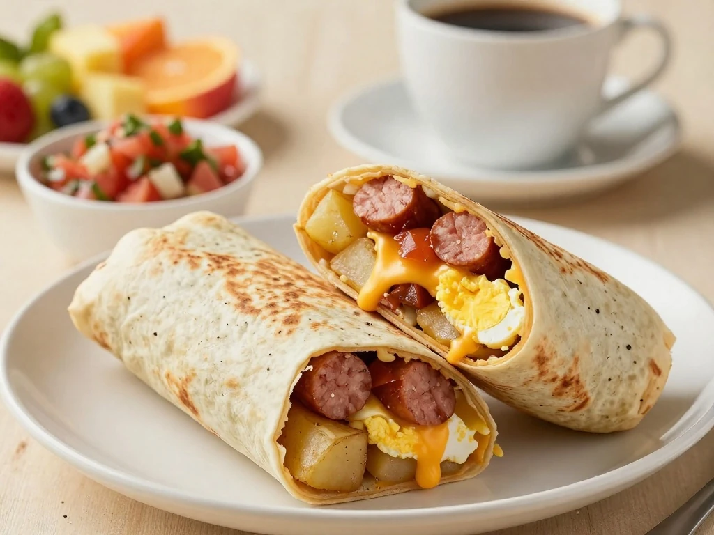 Sliced Simply Potatoes breakfast burritos served with salsa