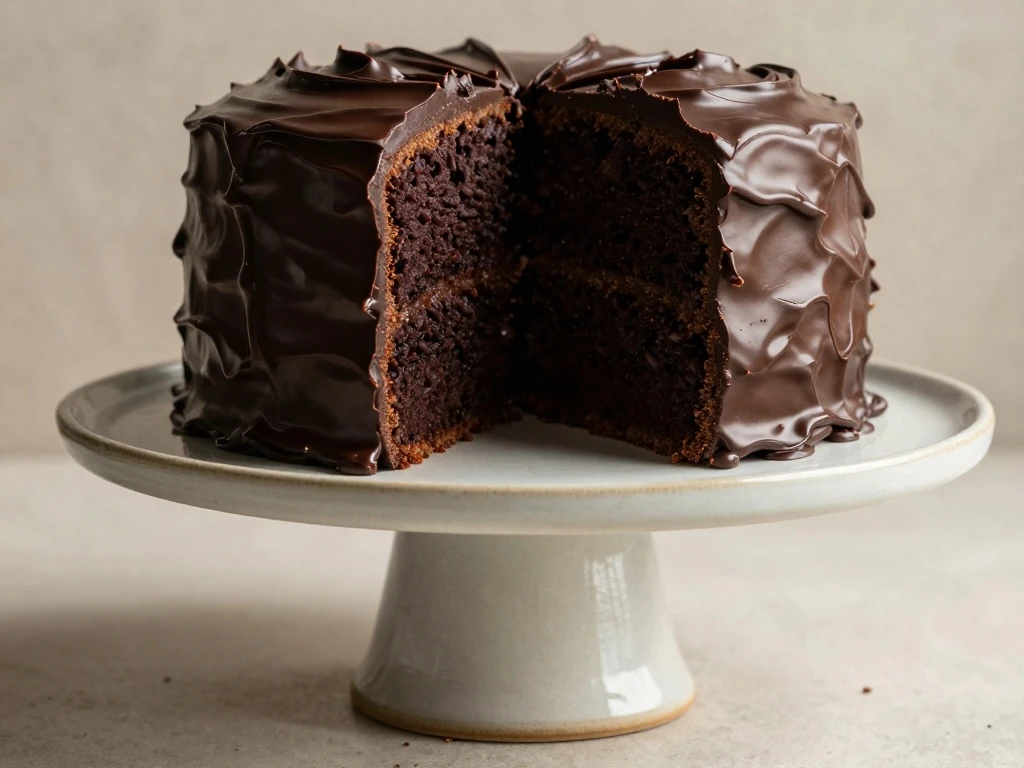 Tall sliceable Devil's Food Cake with dark chocolate frosting
